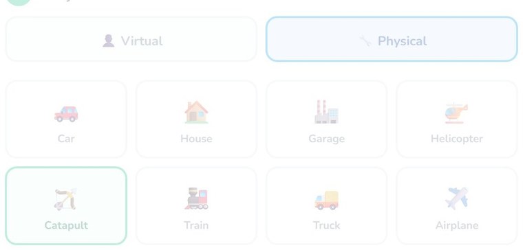The EventMakAR interface showing the device picker: Car, House, Garage, Helicopter, Catapult, Train, Truck, Airplane.