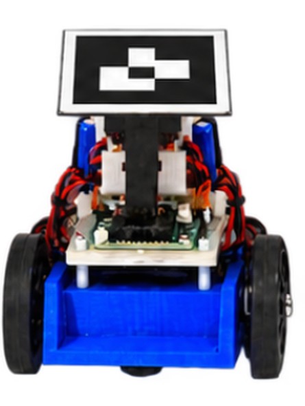 A robot from the motion study: a blue printed chassis on two wheels carrying servos, wiring and a circuit board, with an ArUco marker mounted above it.